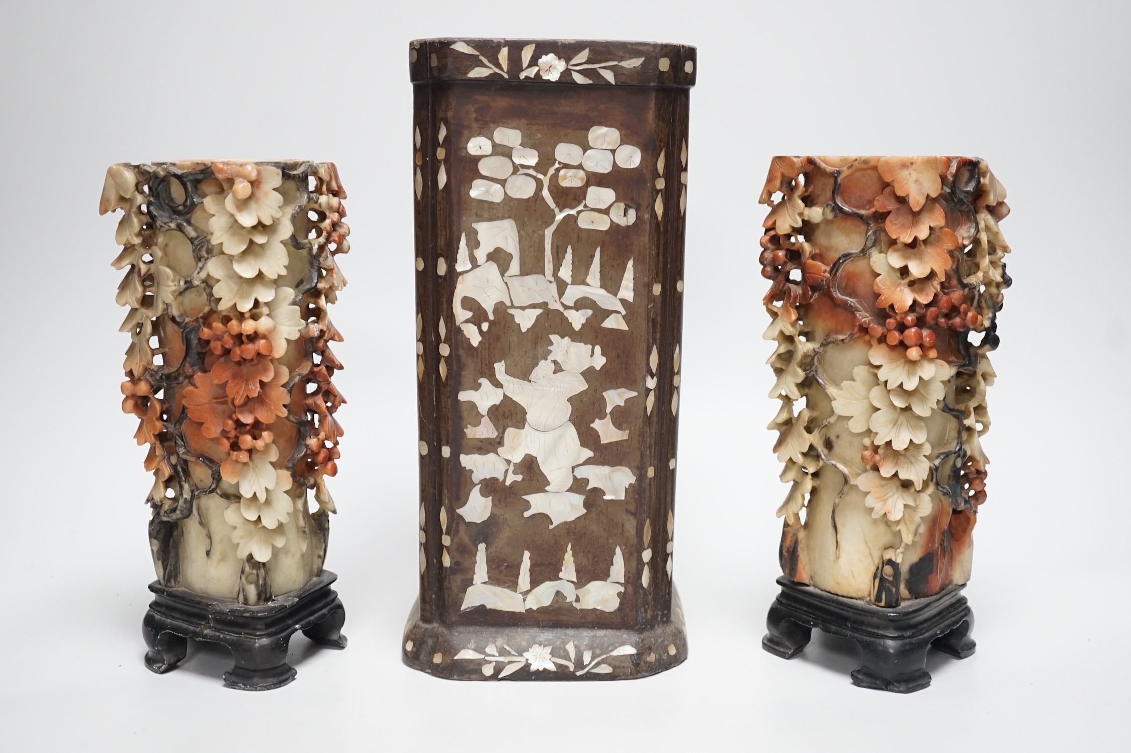 A pair of Chinese soapstone vases and a mother-of-pearl and papier mache inlaid brushpot Tallest 27cm
